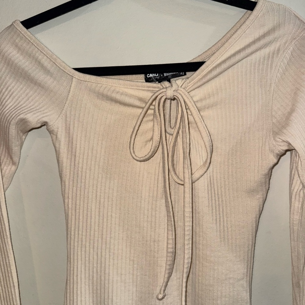 Cream Ribbed Long Sleeve Dress